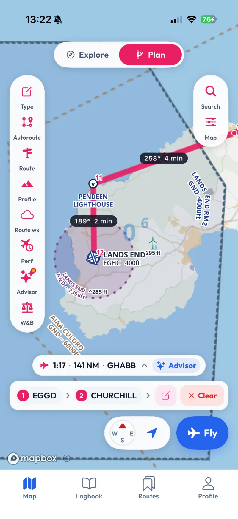 Plan mode on an iPhone: a route drawn from Bristol down to Land’s End with each leg labelled with its track and time, a toolbar of Type, Autoroute, Route, Profile, Route weather, Performance, Advisor and weight and balance, and a summary reading one hour seventeen, 141 nautical miles.